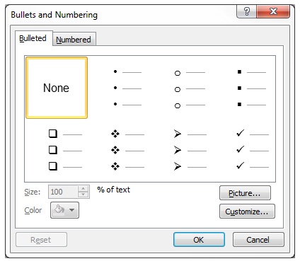 Bullets menu Bullets menu